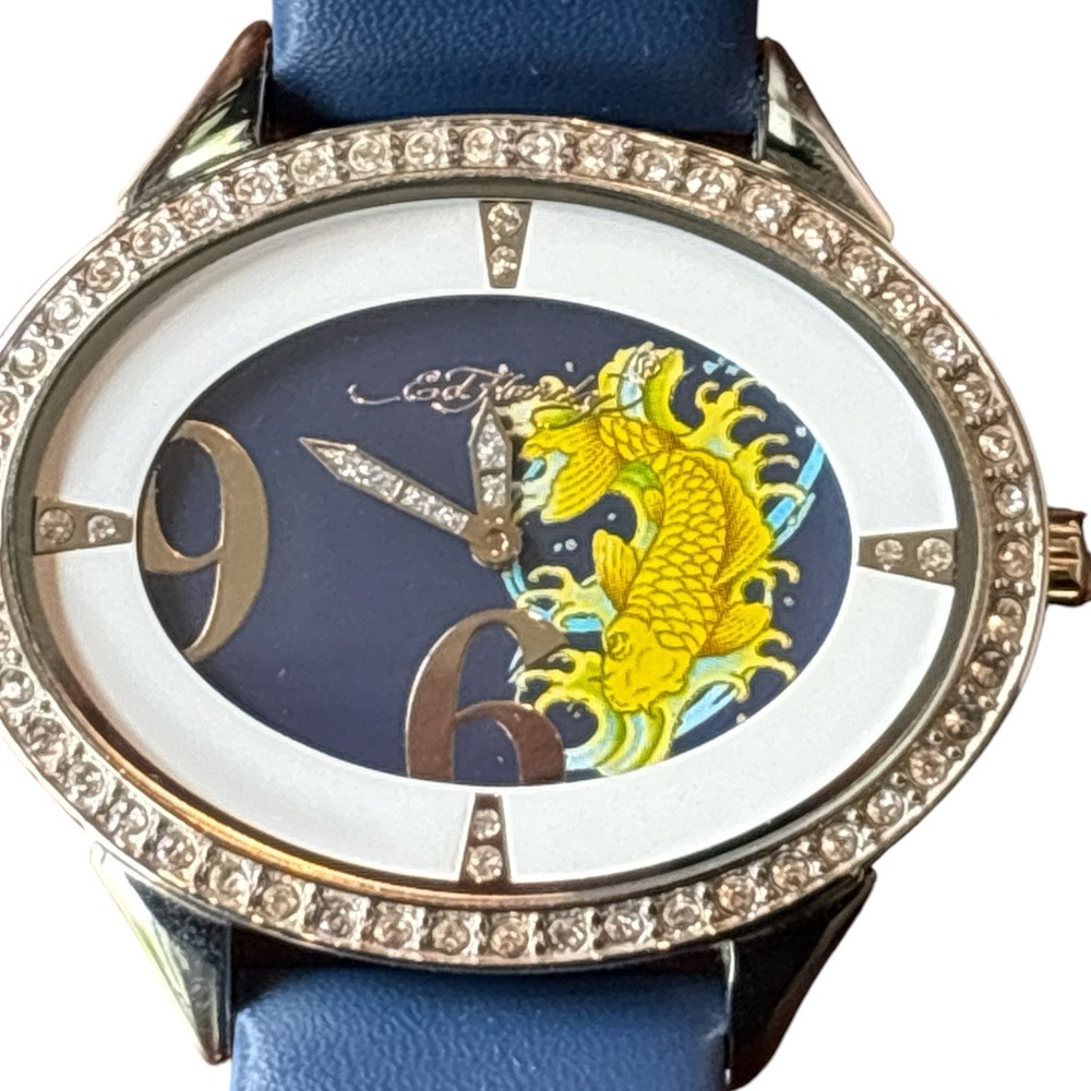 Ed Hardy Koi Fish Watch Blue Leather Strap Rhinestone Bezel